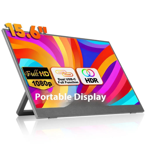 Black 15.6-inch portable LCD monitor with adjustable stand on a desk