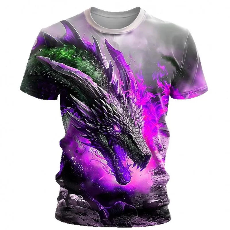 Men's grey T-shirt with a large, detailed 3D blue and white wind dragon print across the chest.