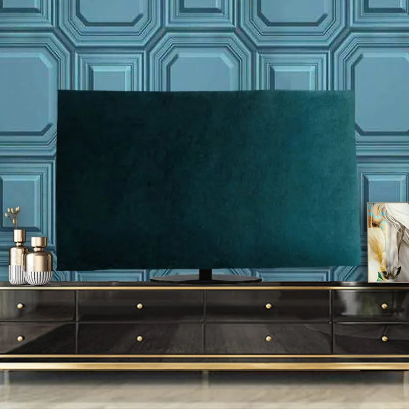 Velvet fabric TV cover draped over a television, shown in pink, black, gray, khaki, light blue and dark green colour options.