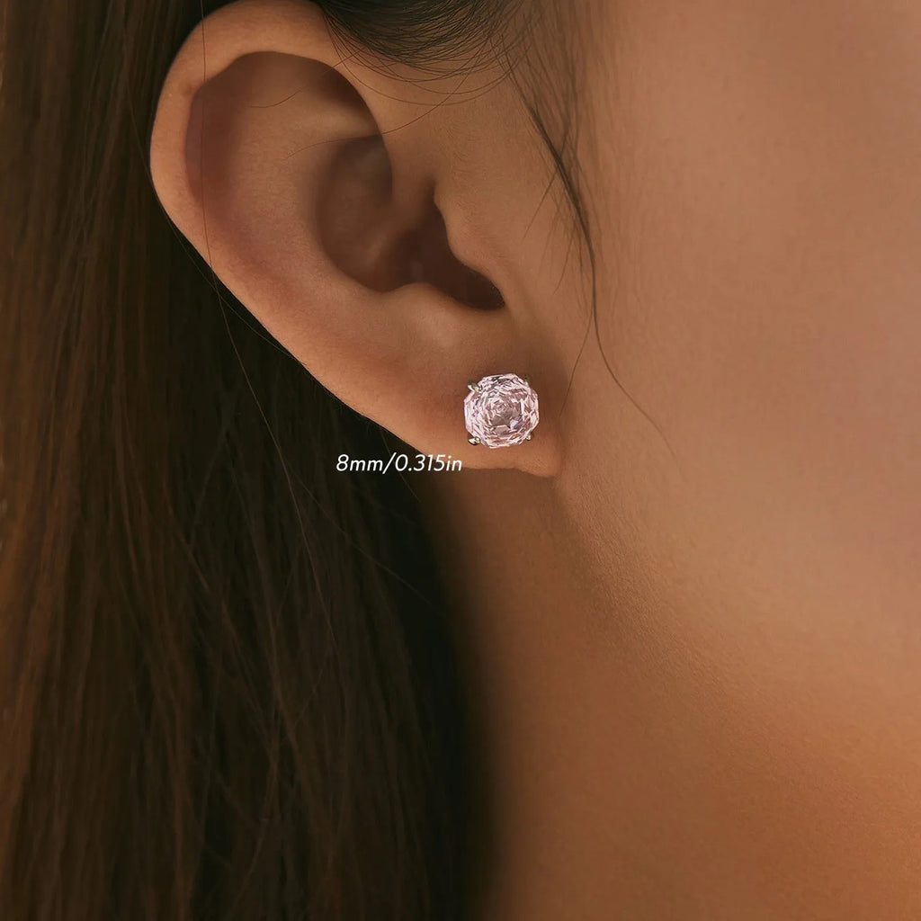 Pink S925 sterling silver rose stud earrings in 6mm or 8mm floral designs for women