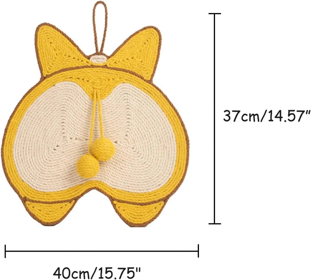 Yellow cat scratching pad with corgi butt designs, natural sisal surface and anti-slip base
