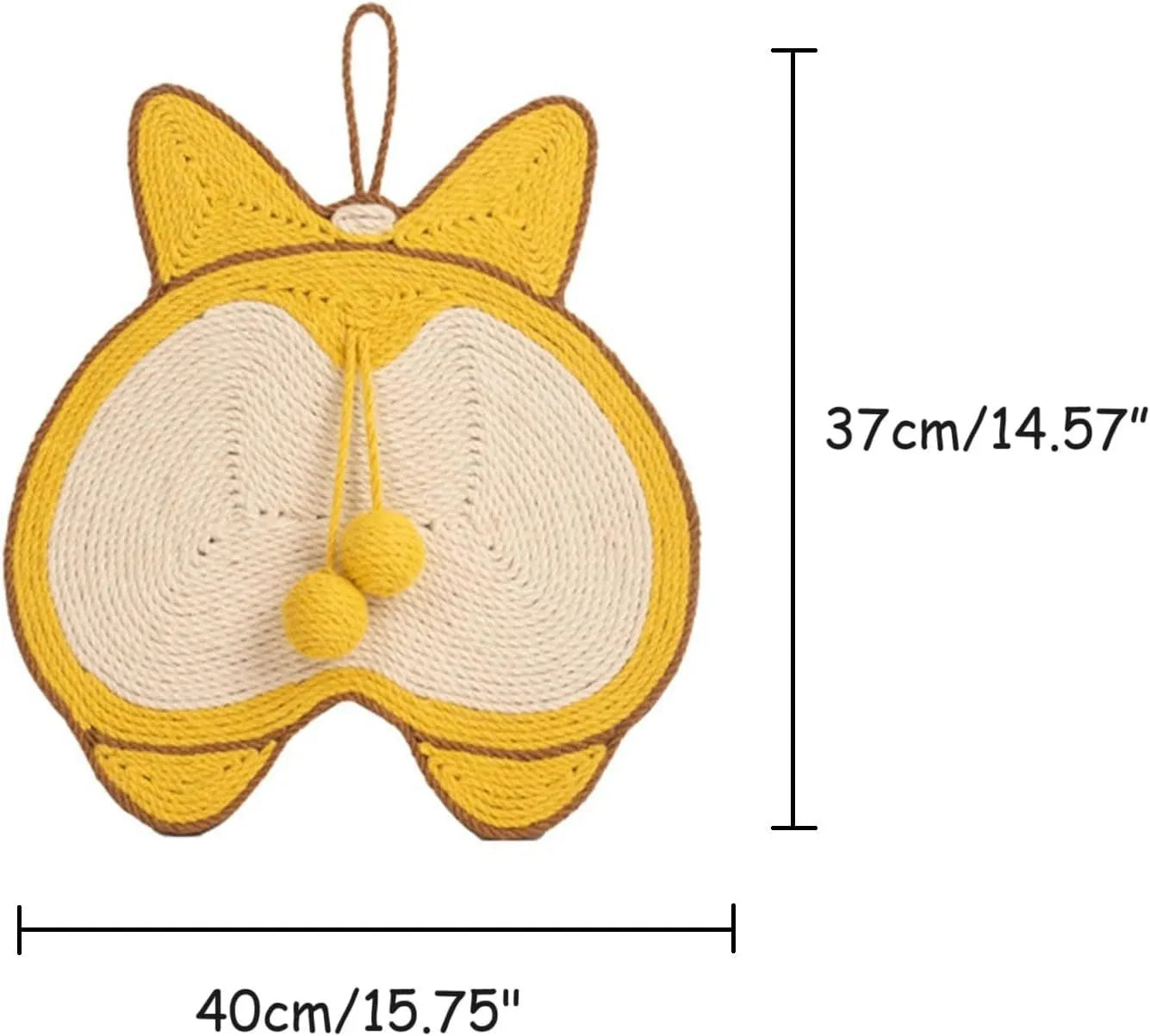 Yellow cat scratching pad with corgi butt designs, natural sisal surface and anti-slip base