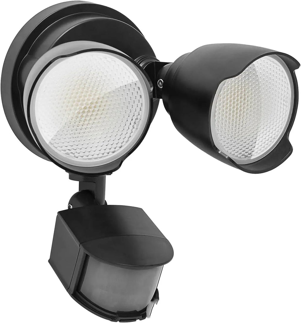 White LED security flood light with motion sensor for outdoor courtyard and garage lighting