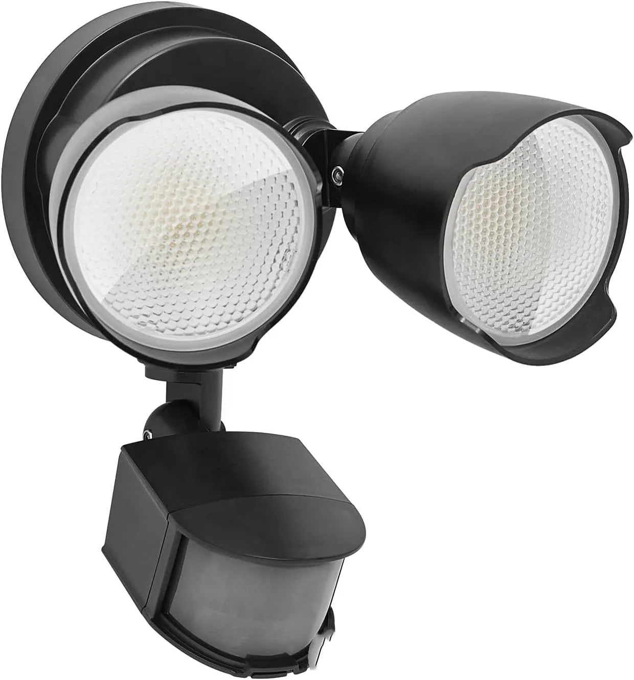 White LED security flood light with motion sensor for outdoor courtyard and garage lighting
