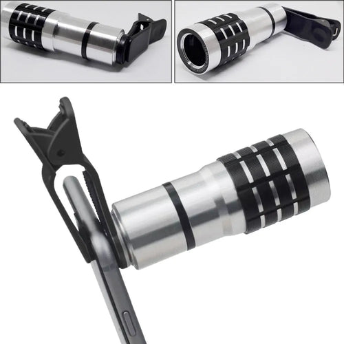 12x telescopic zoom lens with universal clip attached to a mobile phone for long-distance photography.