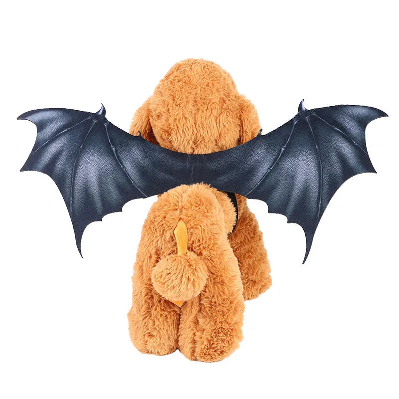 Black fabric bat wing costume for a pet dog or cat, showing elastic straps.