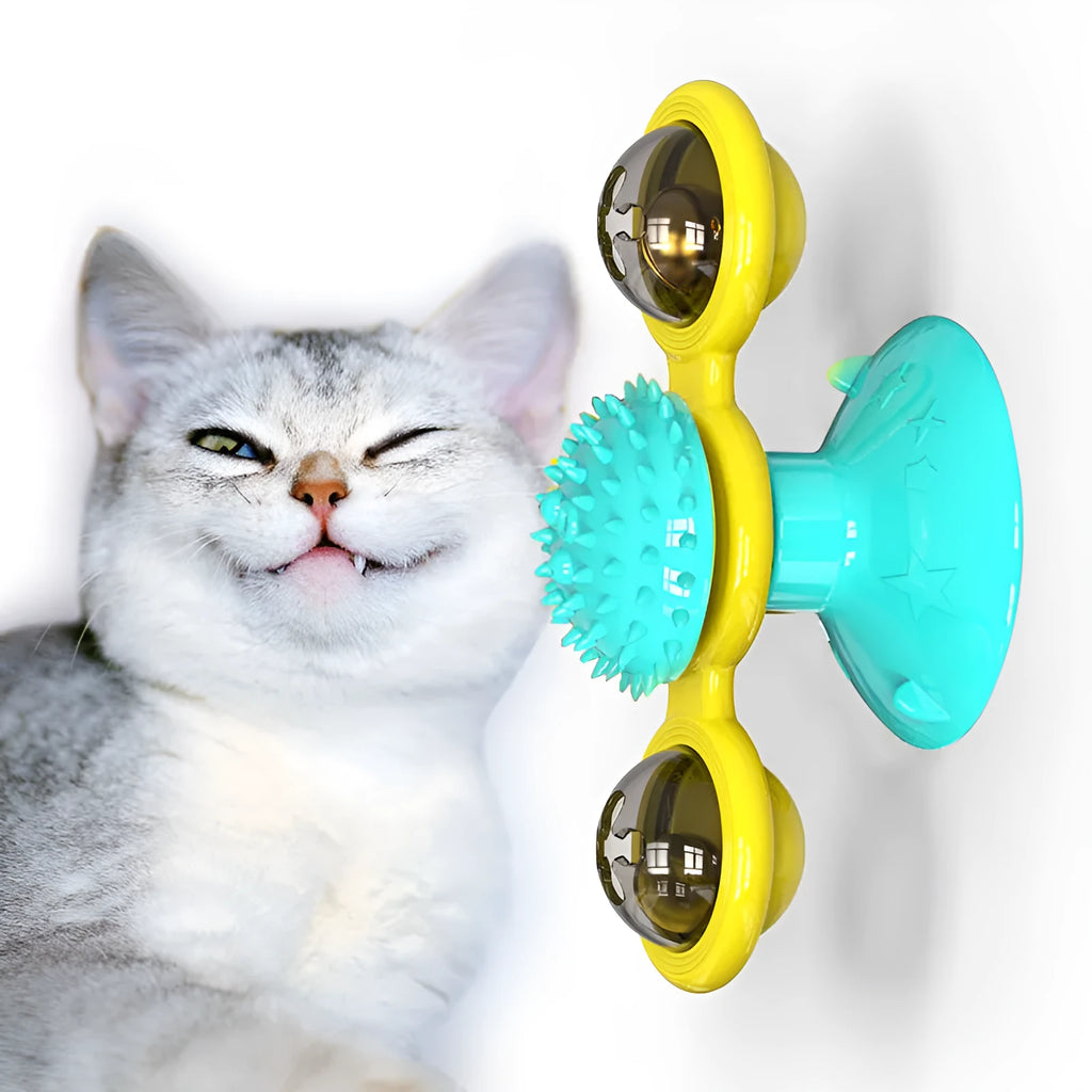 Cat rotating windmill toy with suction base and two transparent bins on blades