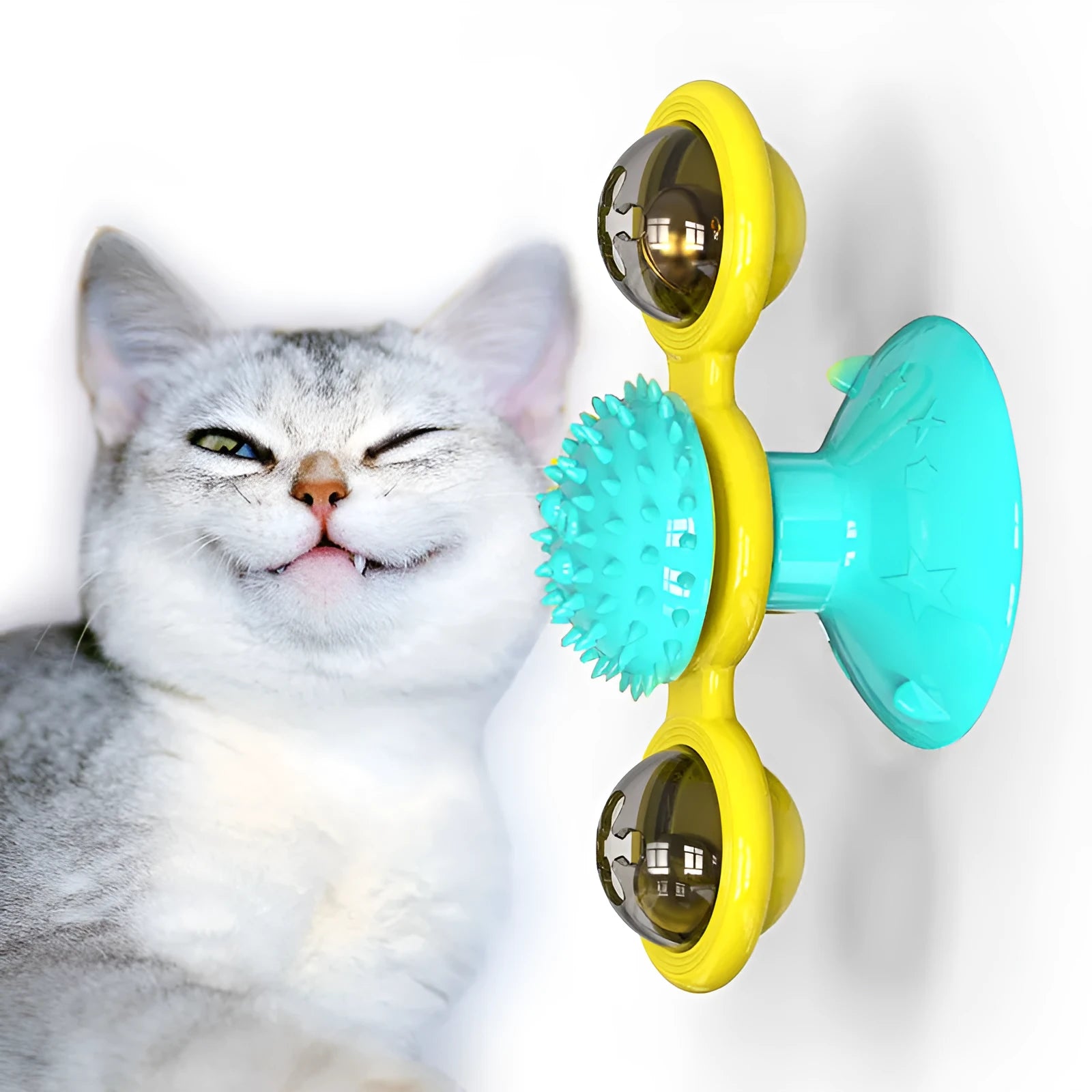 Cat rotating windmill toy with suction base and two transparent bins on blades
