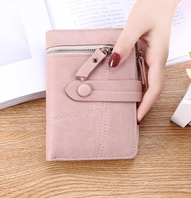 Faux leather standard short wallet with zipper closure, solid colour, showing multiple internal compartments
