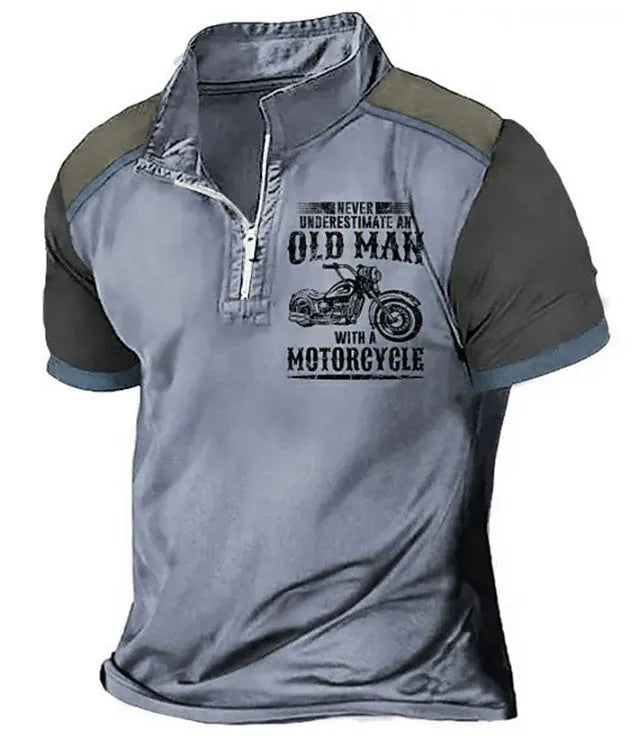 Men's casual polo shirt with digital letter pattern and zipper decoration on the lapel.
