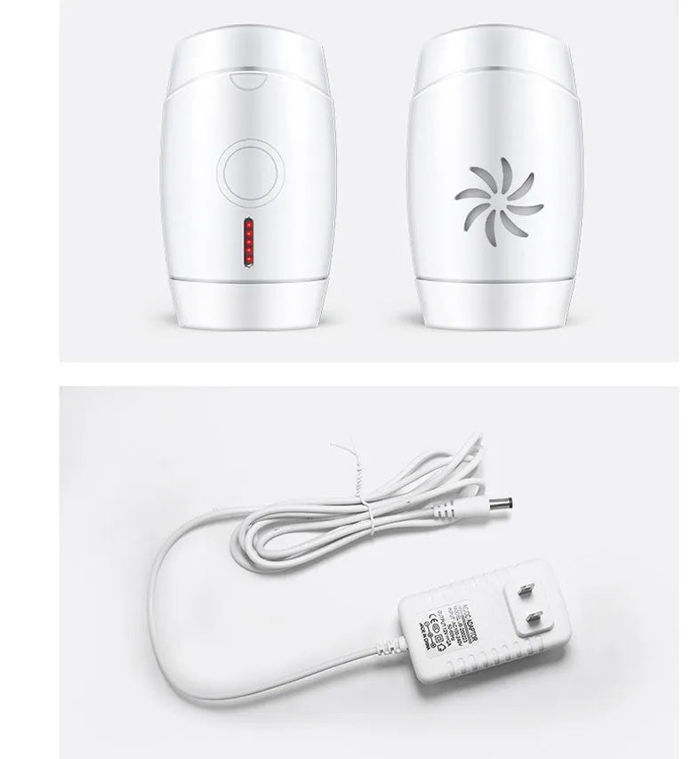 White home laser hair removal device with display, shown with its power adapter and international plug heads.