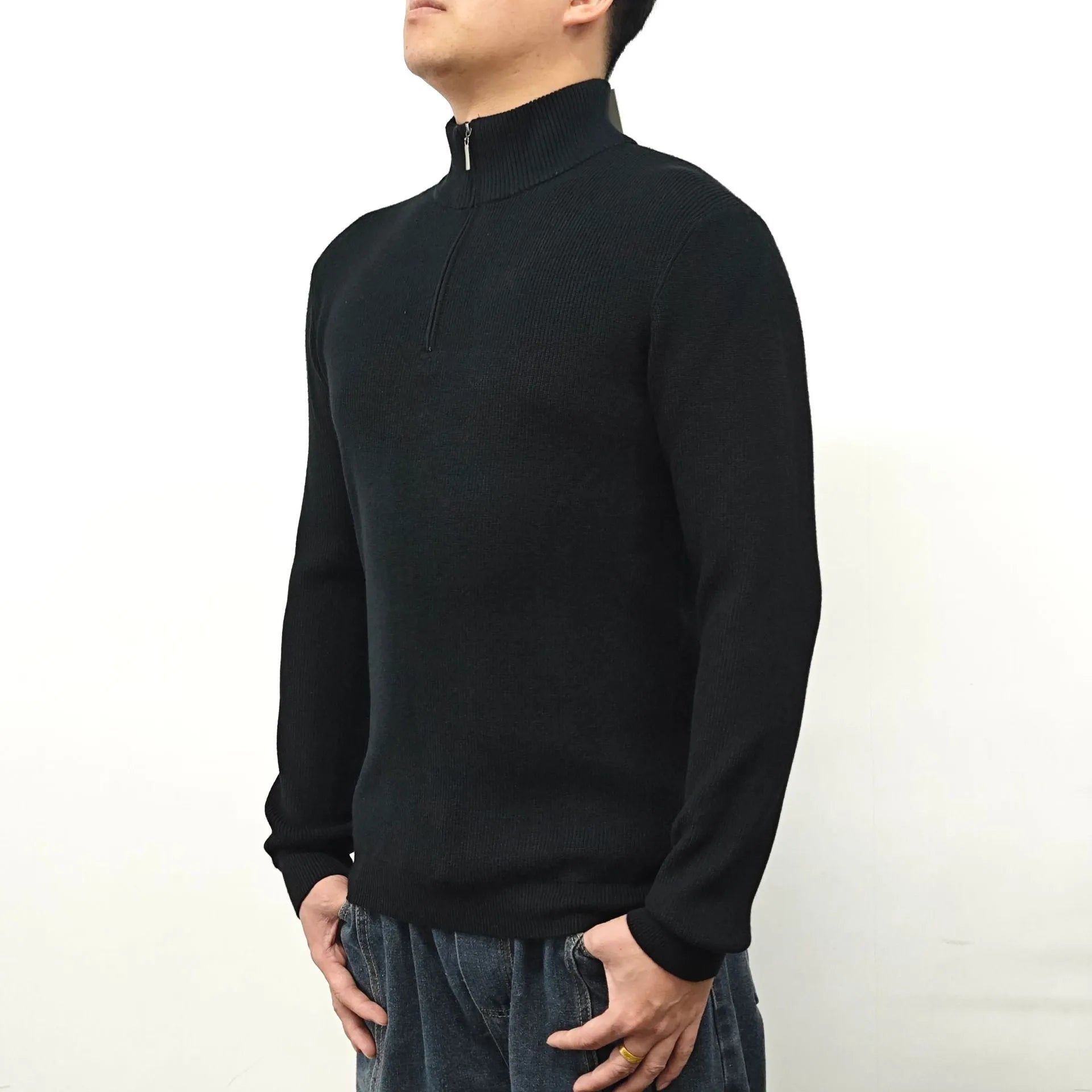 Men's half-turtleneck zipper sweater in cotton blend fabric shown in black, grey, green, orange, and white colours.