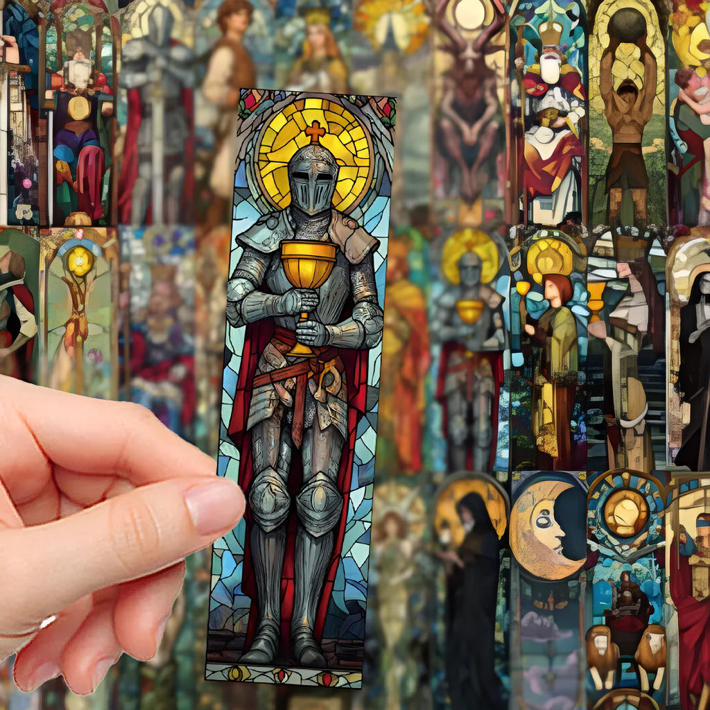 Set of thirty painted glass tarot design bookmarks in a cute homemade style on paper.