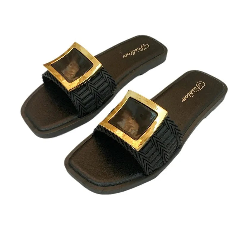 Women's apricot summer flat slippers with a non-slip PVC sole, shown on a light background.
