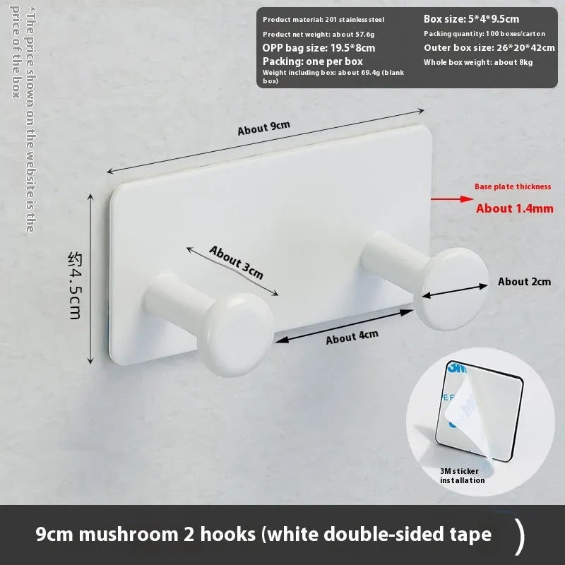 Iron adhesive wall hook with multiple arms on shower door, white double-sided tape visible