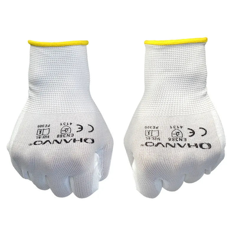 White PU coated labour gloves showing flexible construction and 24 cm length.