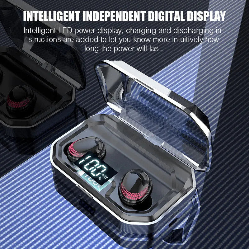 Black X10 wireless Bluetooth earbuds and charging case on a white background