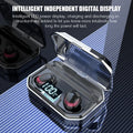Black X10 wireless Bluetooth earbuds and charging case on a white background