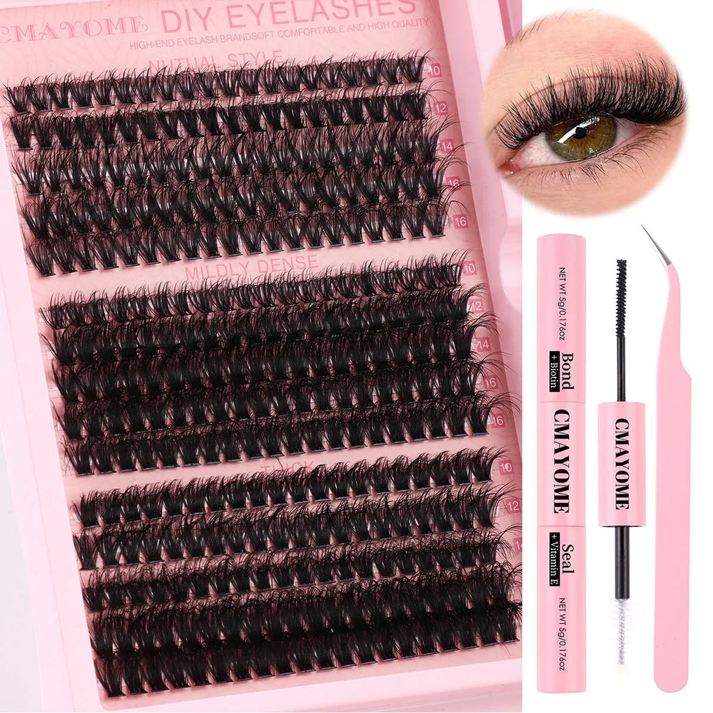 DIY false eyelash extension suit showing single cluster lashes and application tweezers