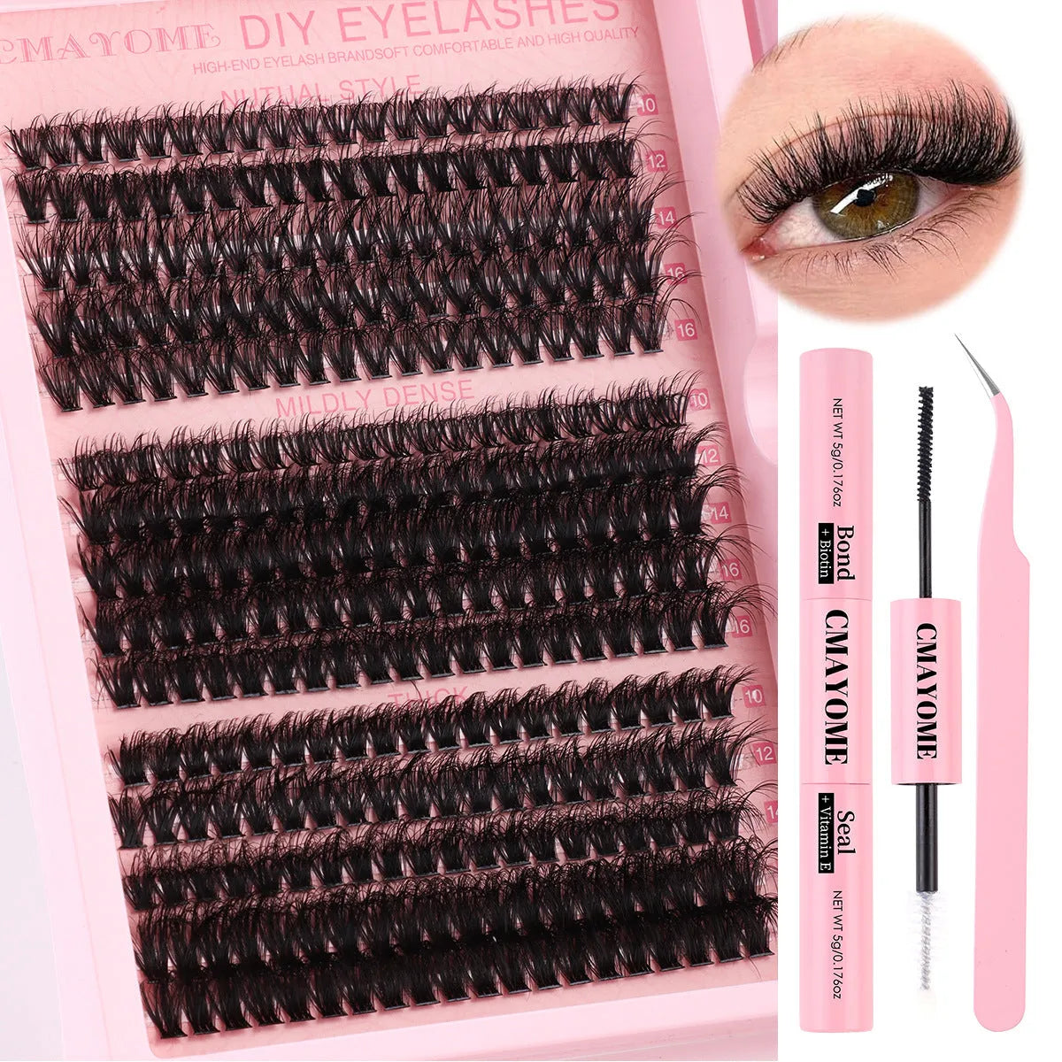 DIY false eyelash extension suit showing single cluster lashes and application tweezers