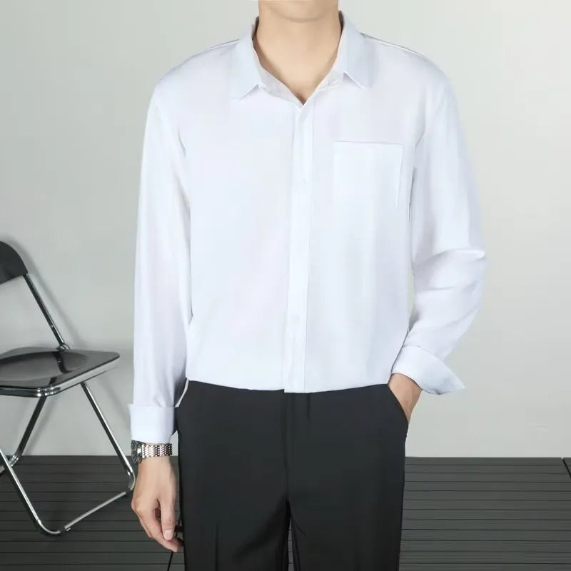 Korean-style loose long-sleeved linen men's shirt in solid colour, wrinkle-free finish, front view