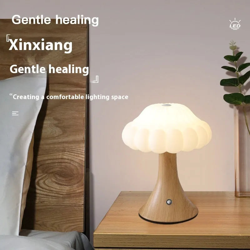 Mushroom-shaped touch lamp with USB charging in wood grain, white, cream, grey, or black for bar and cafe decoration