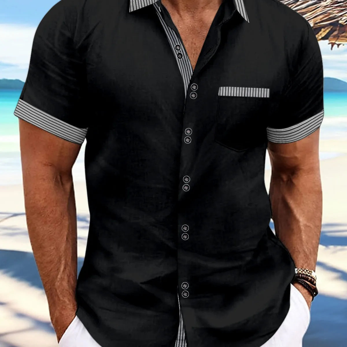 Man's striped short sleeve casual shirt with double-button placket in pure cotton, shown in slim fit.