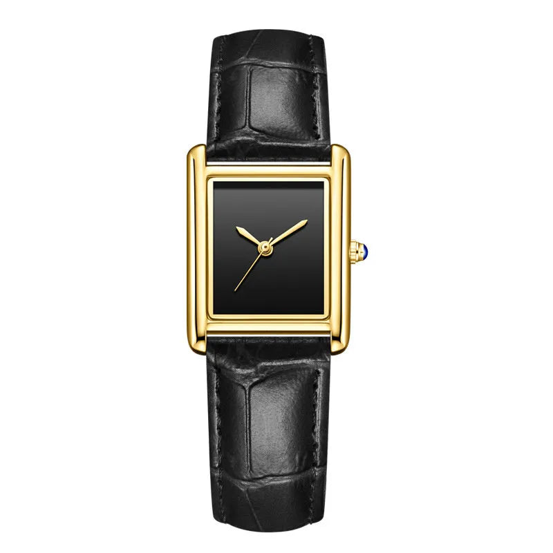 Couple leather watch with square dial, 7mm thickness, waterproof, in gold and black colour option on a white background
