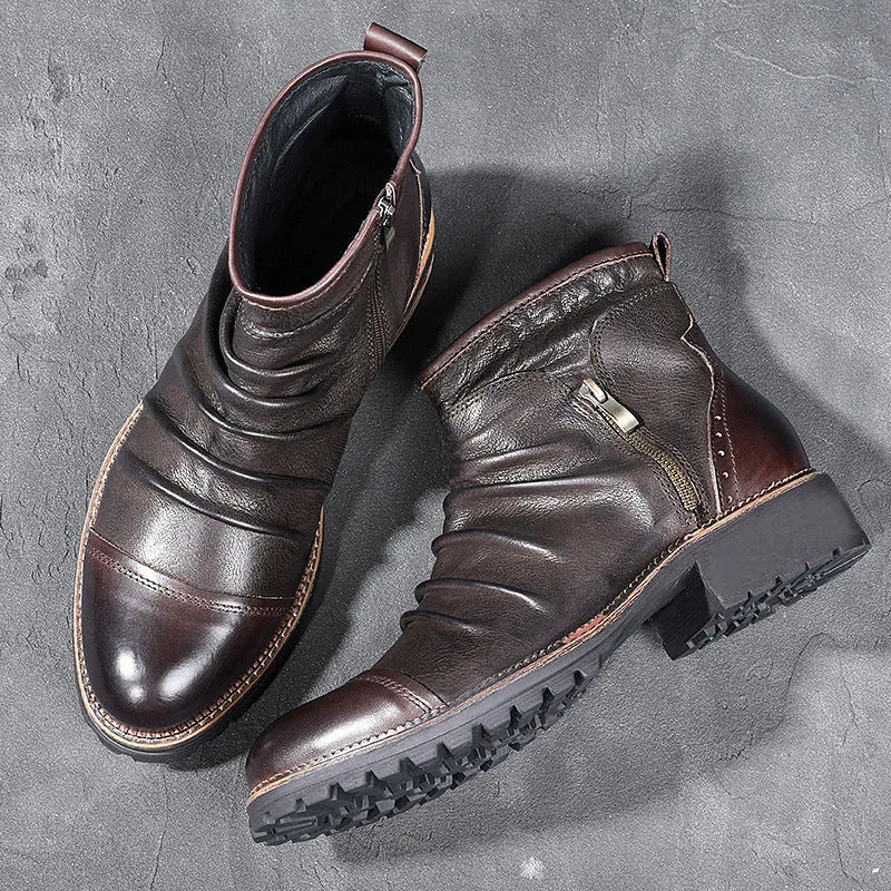 Black and brown cowboy-style Martin boots with a side zipper and round toe.