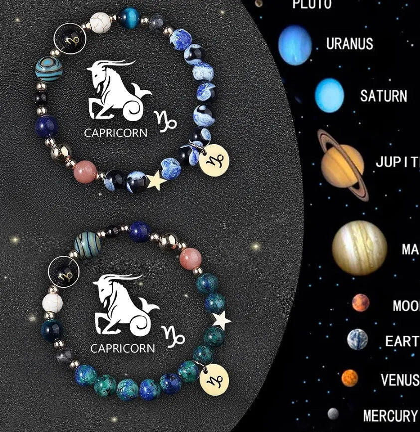 Two natural stone beaded bracelets showing Chinese zodiac animal signs including dragon and rabbit symbols