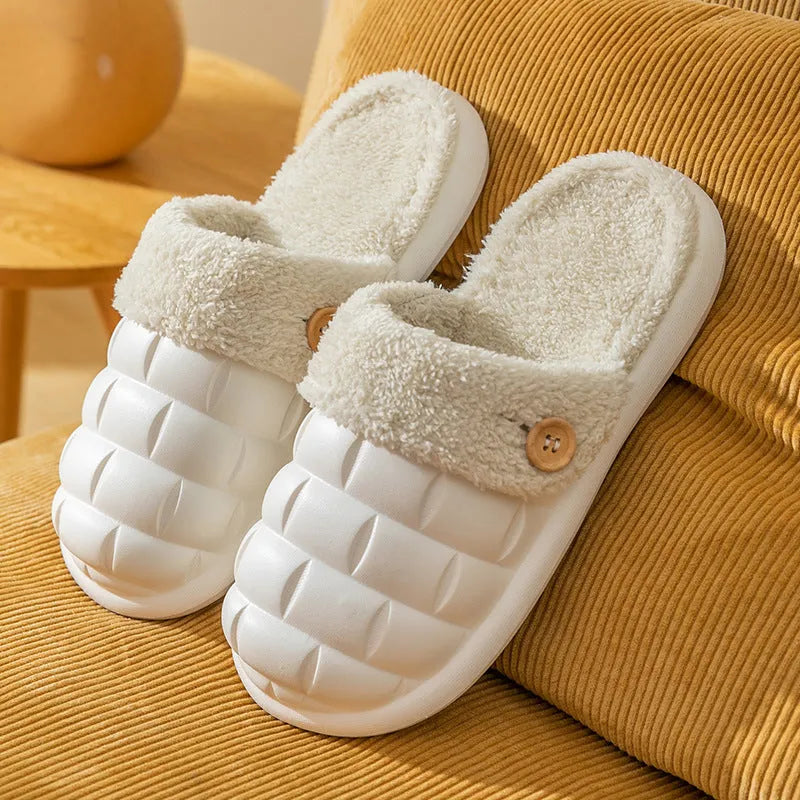 Women's pink detachable sole plush house slipper with round toe and flat heel