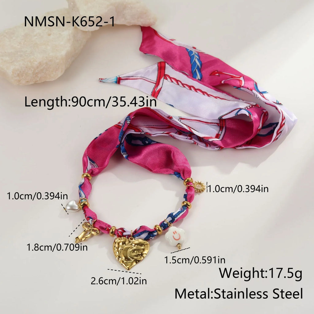 Geometric pendant necklace and bracelet set with colourful silk scarf pattern, stainless steel with 18K gold plating