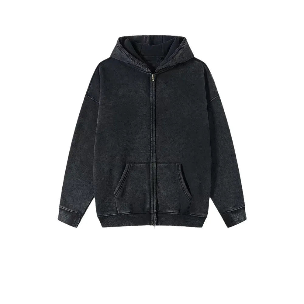Men's vintage-style dark green fleece-lined hooded cardigan with a double zip front.