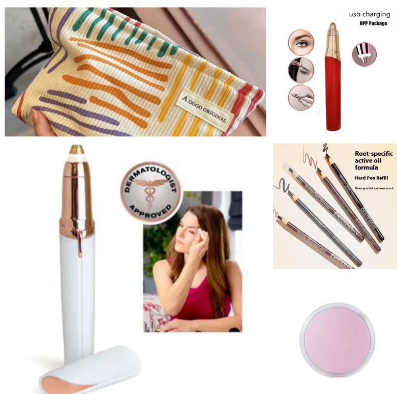 Eyebrow epilator pen with gold plated head and LED light on pink background