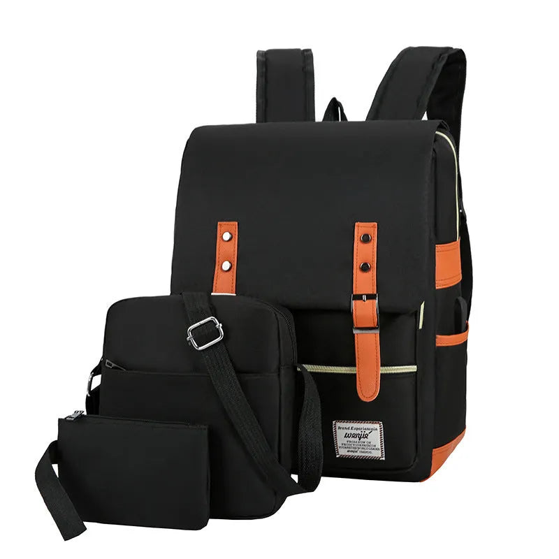 Three-piece Oxford cloth business backpack set with curved shoulder straps in wine red colour
