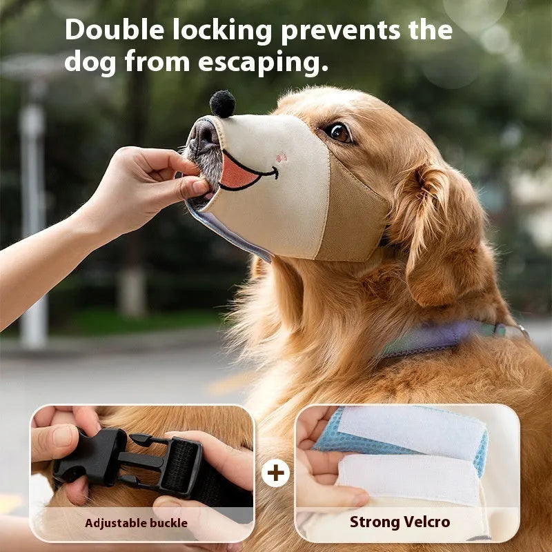 Canvas dog muzzle anti-bite product showing Ollie Brown Bear and Bondi Blue Shark colour options