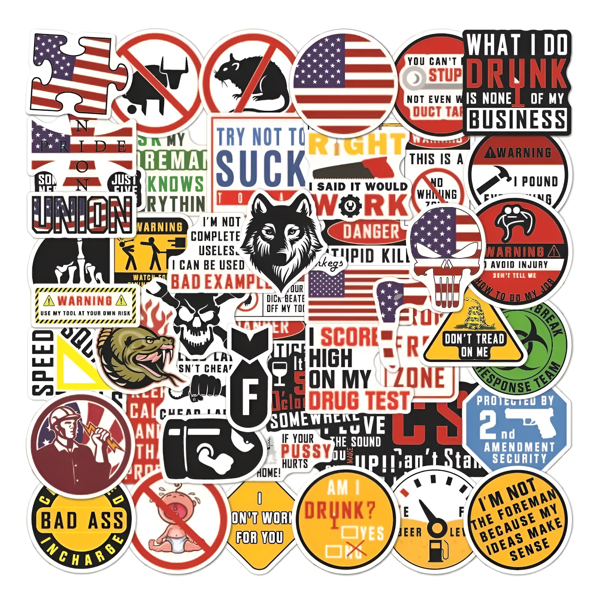 Waterproof warning stickers for helmets with safety slogans, approximately 6-8cm size