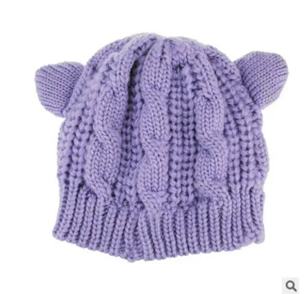 Hand-knitted wool beanie with 3D cat ears in multiple colour options