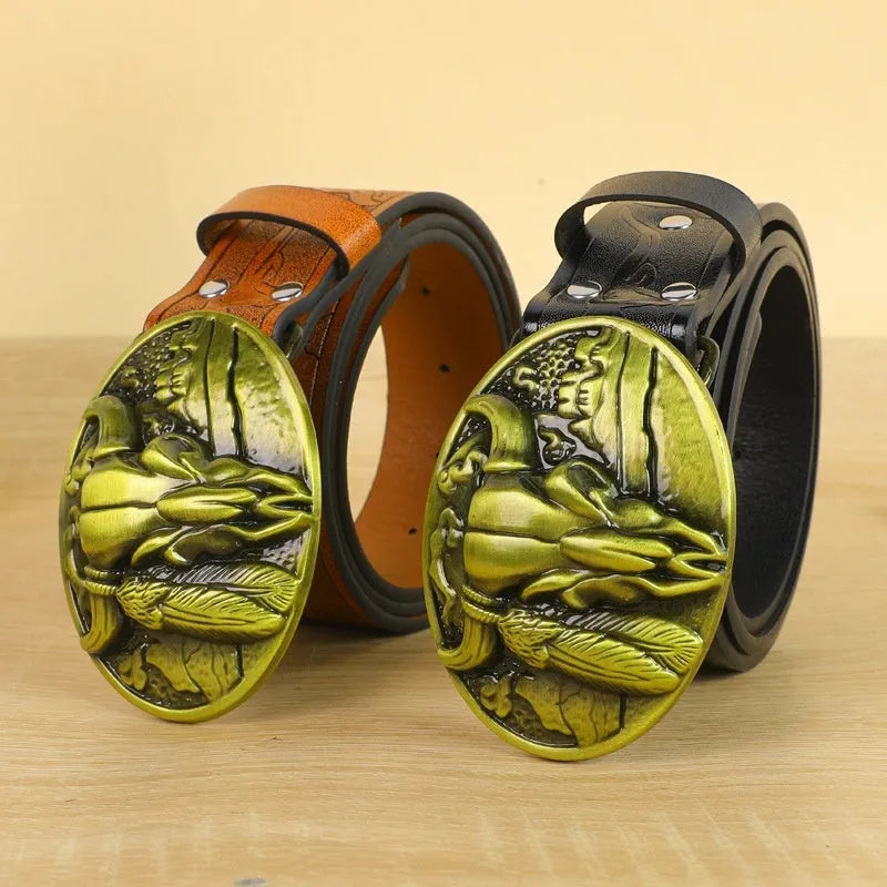 Men's imitation leather belt with cow head buckle design in black or brown colours