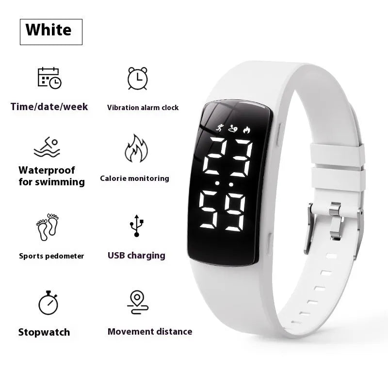 Electronic vibration alarm watch with LED display and silicone strap showing waterproof rating of 50 metres