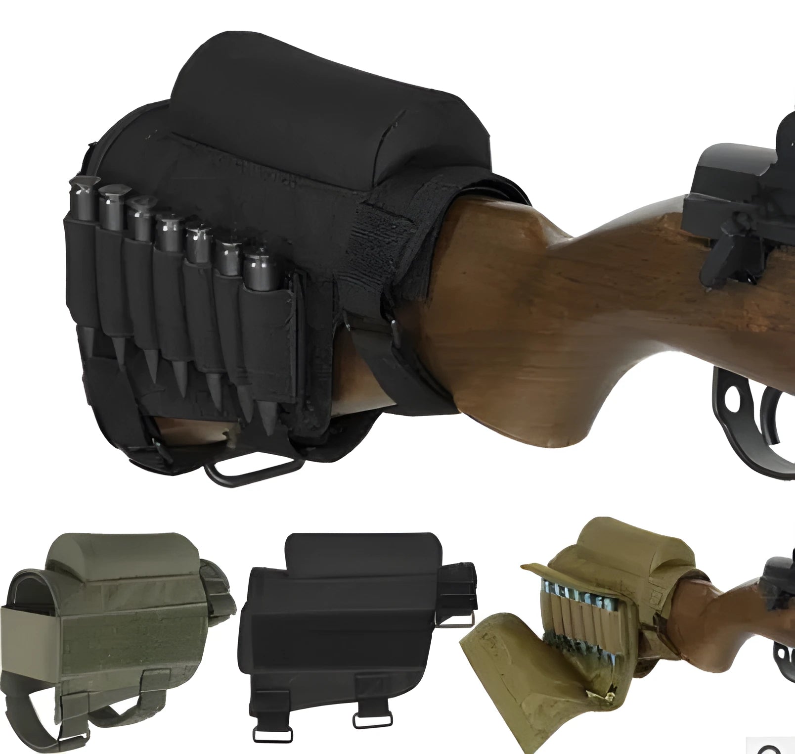 Tactical buttstock cheek rest ammo carrier with non-slip pad holding 7 rounds on a black rifle stock