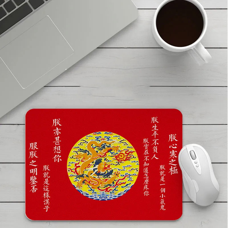 Custom cartoon mouse pad with thickening, showing example artwork on non-slip rubber and cloth base.