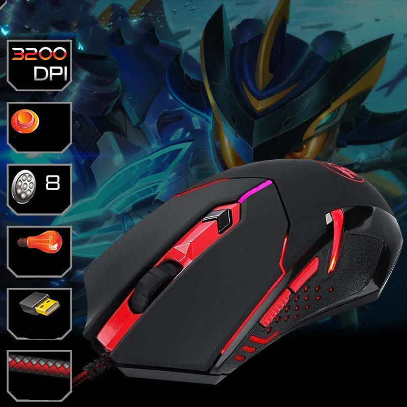 Black and red USB wired gaming mouse with six buttons on a desktop mat.