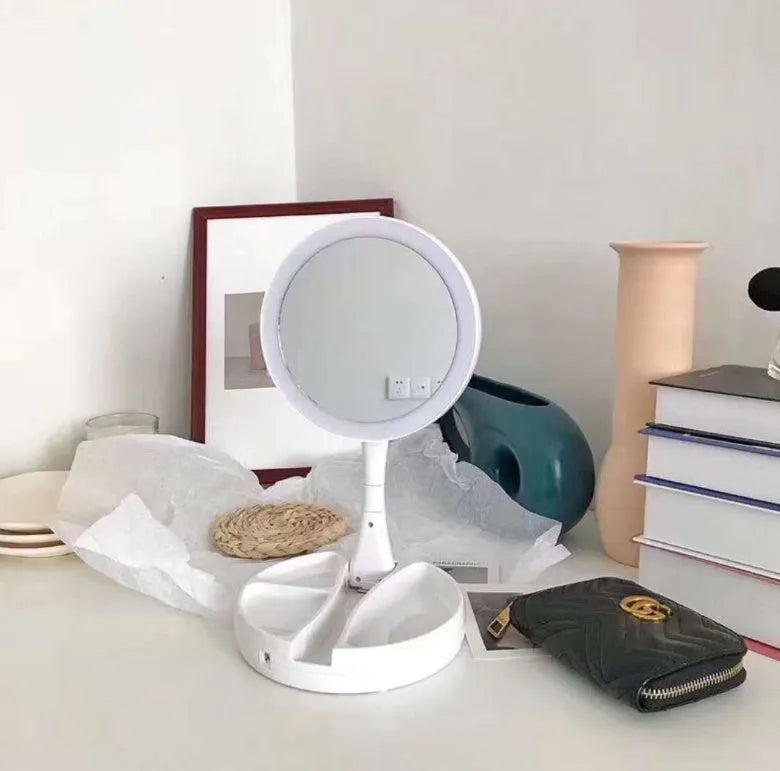 White foldable acrylic double-sided LED vanity mirror with USB charging port