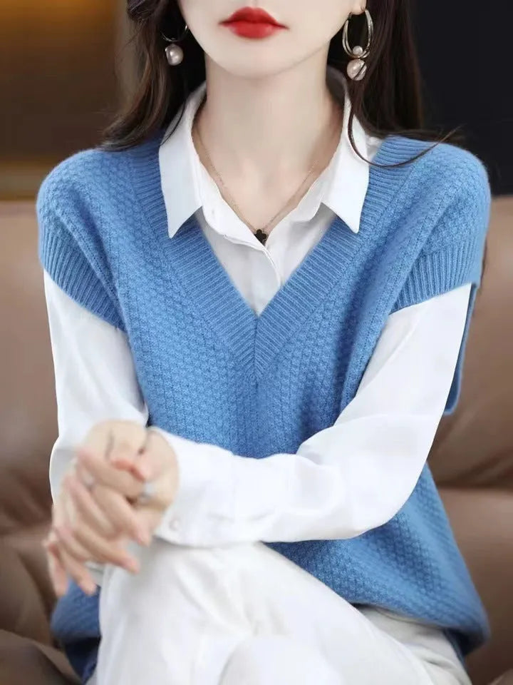 Sleeveless V-neck pullover vest with a textured 3D knit pattern in acrylic fabric, shown in multiple colours.