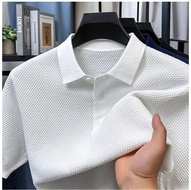 Men's loose fit cotton short sleeve sweater in six colour options showing pullover style