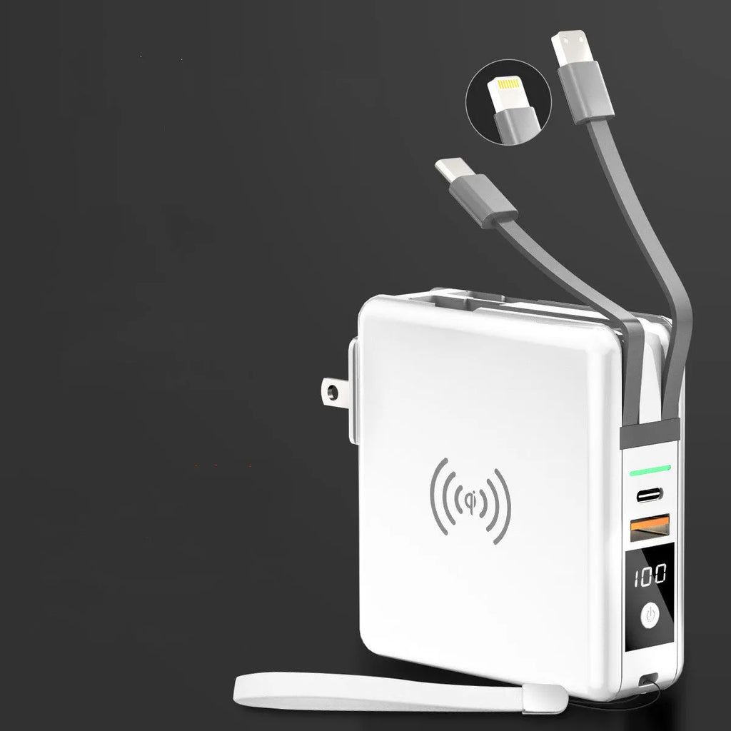 Black and white 10000mAh power bank with wireless charging, a fold-out plug, and international travel adapters.