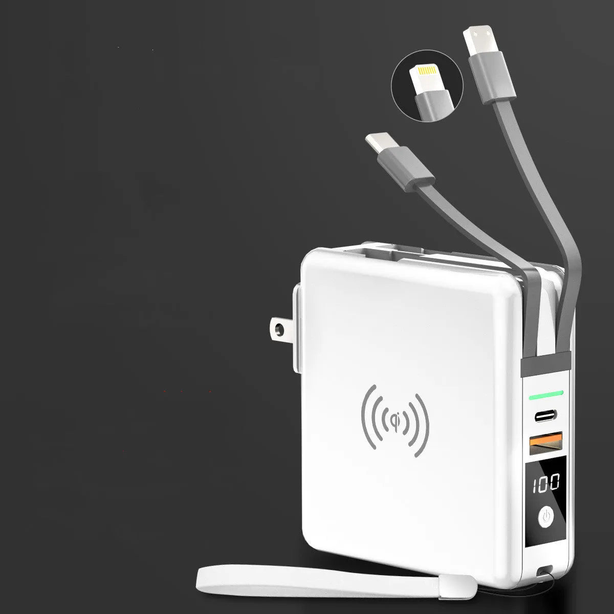 Black and white 10000mAh power bank with wireless charging, a fold-out plug, and international travel adapters.