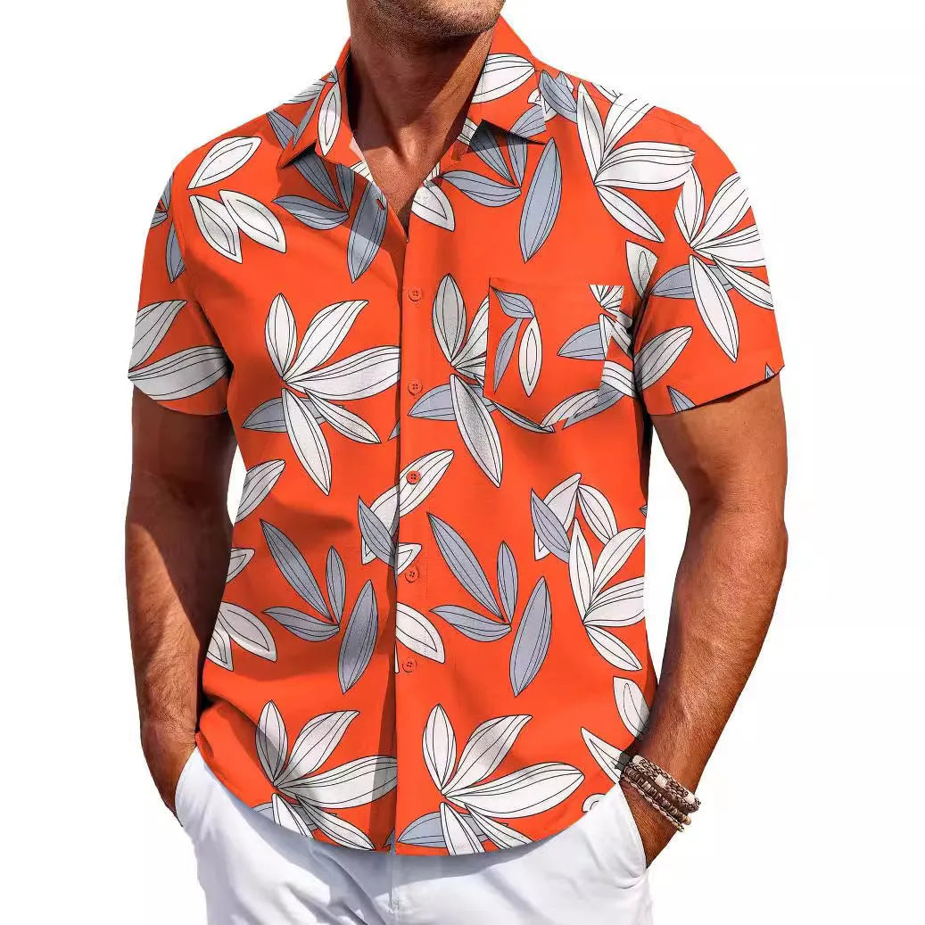 Men's slim fit Hawaiian short sleeve shirt in stretch polyester fabric showing colour options