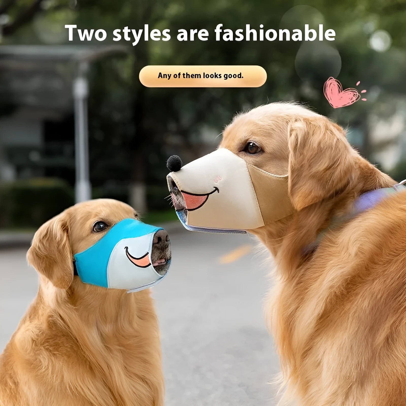 Canvas dog muzzle anti-bite product showing Ollie Brown Bear and Bondi Blue Shark colour options